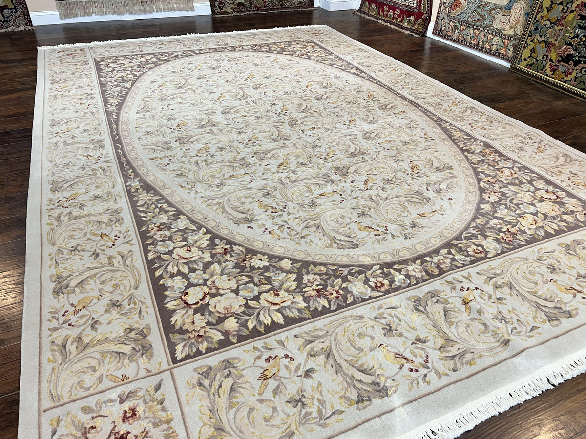 Aubusson Rug 10x14, Wool & Silk Highlights Hand Knotted Vintage Carpet, Birds Flowers, Fine Details, Elegant - Jewel Rugs, view 13