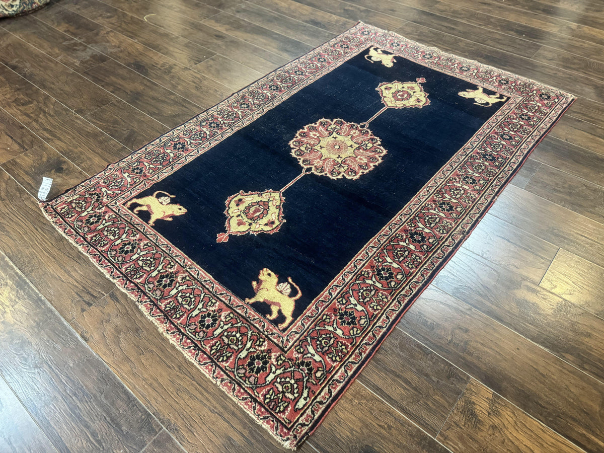 Antique Persian Mashad Rug 4x6, Semi Open Field, Navy Blue, Lion Pictorials, Triple Medallion, Dorokhsh Rug - Jewel Rugs, view 3