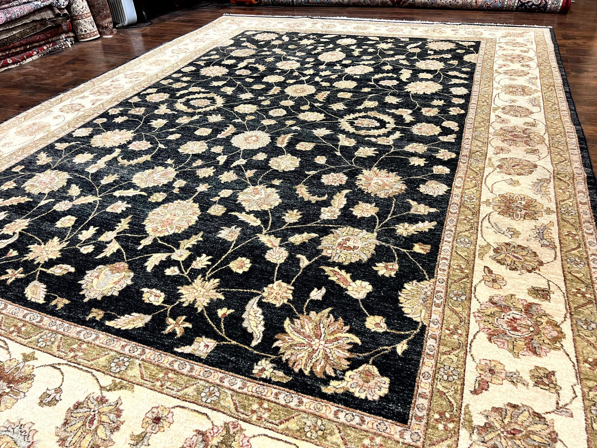 Indo Persian Rug 10x14, Charcoal and Beige, Floral Allover, Handmade Vintage Wool Carpet - Jewel Rugs, view 3