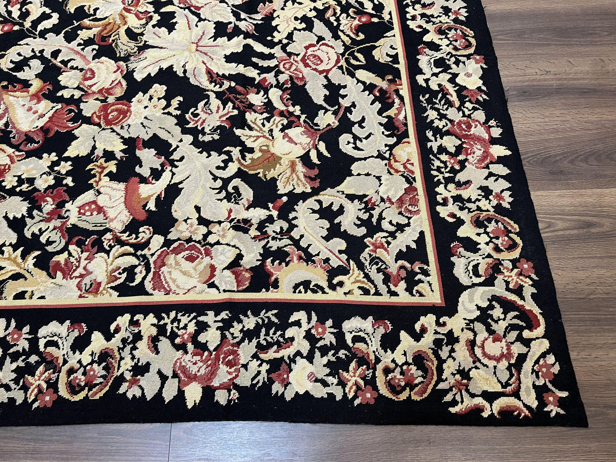 Wool Needlepoint Rug 9x12, William Morris Vintage Chinese Needlepoint Carpet 9 x 12, Handwoven, Allover Floral Area Rug, Black Light Green - Jewel Rugs, view 9