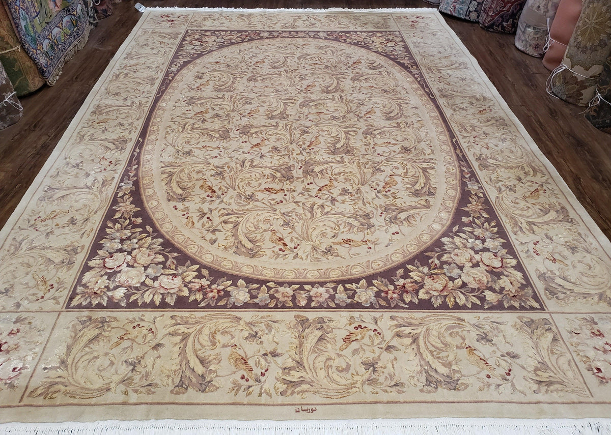 Chinese Aubusson Savonnerie Area Rug 8x12, Vintage 120 Line Carpet, Wool and Silk Hand-Knotted, Birds Flowers Master Weaver Signature - Jewel Rugs, view 2