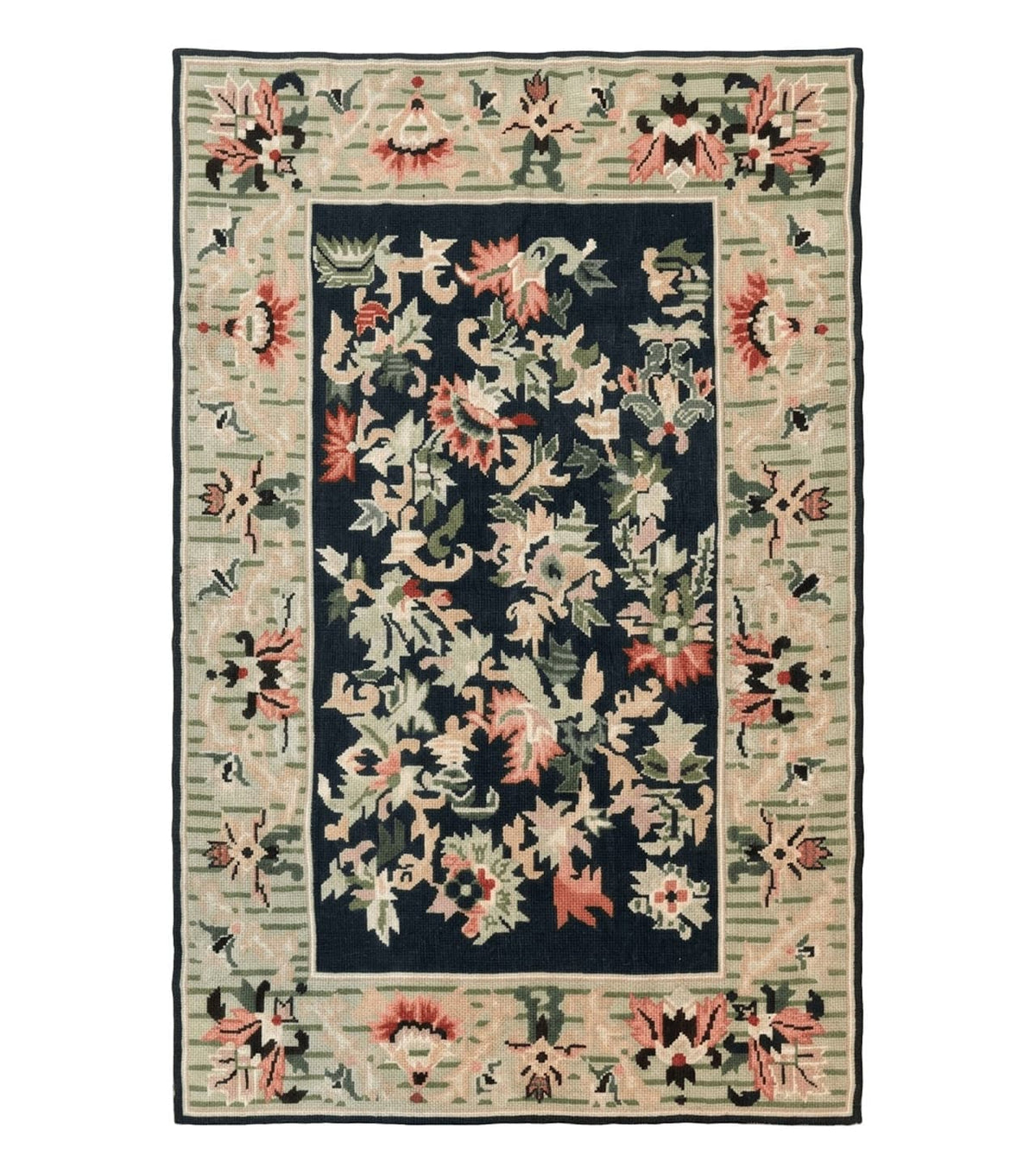 Vintage American Needlepoint Rug 4x6, Dark Green, Wool, Handmade, Flatweave Carpet - Jewel Rugs