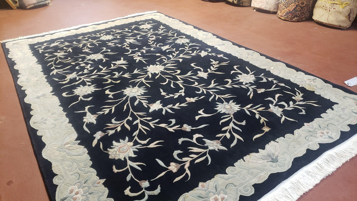 6x9 Vintage Black Gray Chinese Rug 120 Lines Wool Carpet Floral Design Hand-Knotted Soft Pile Entryway Rug Foyer Rug Nice - Jewel Rugs, view 3