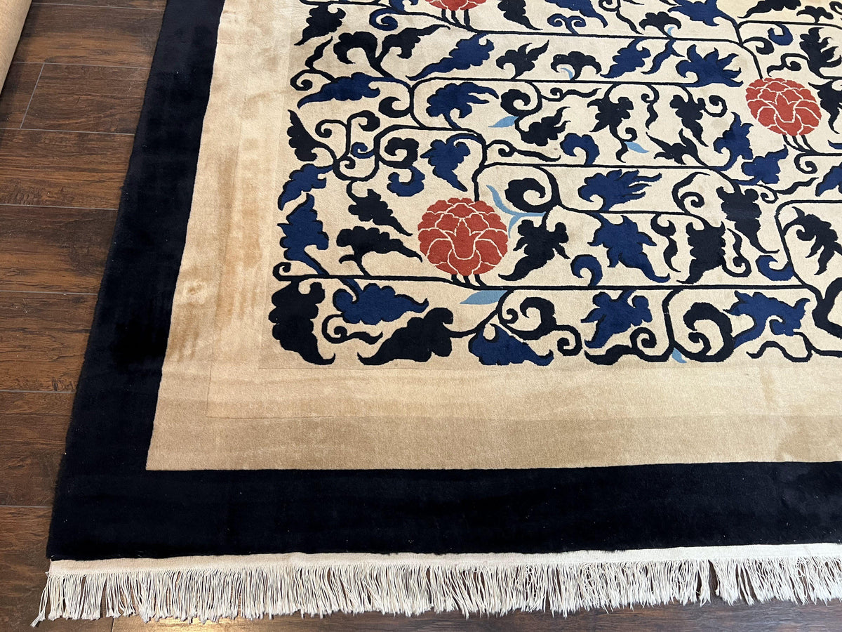 Antique Chinese Peking Rug 10x14, Beige Black, Handmade Wool Art Deco Carpet - Jewel Rugs, view 9