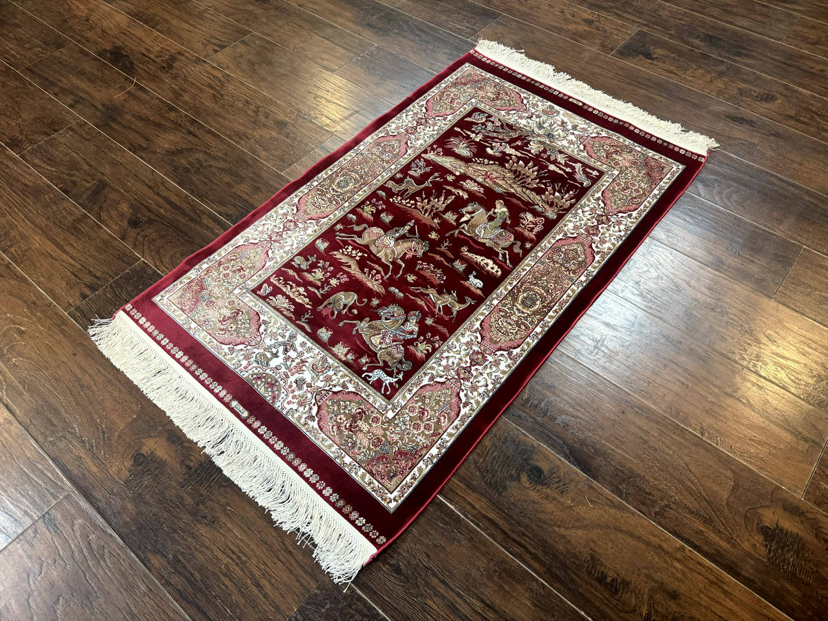 Dark Red Turkish Silk Rug 2.6 x 4, Hunting Design Scene, Bamboo Silk - Jewel Rugs, view 3