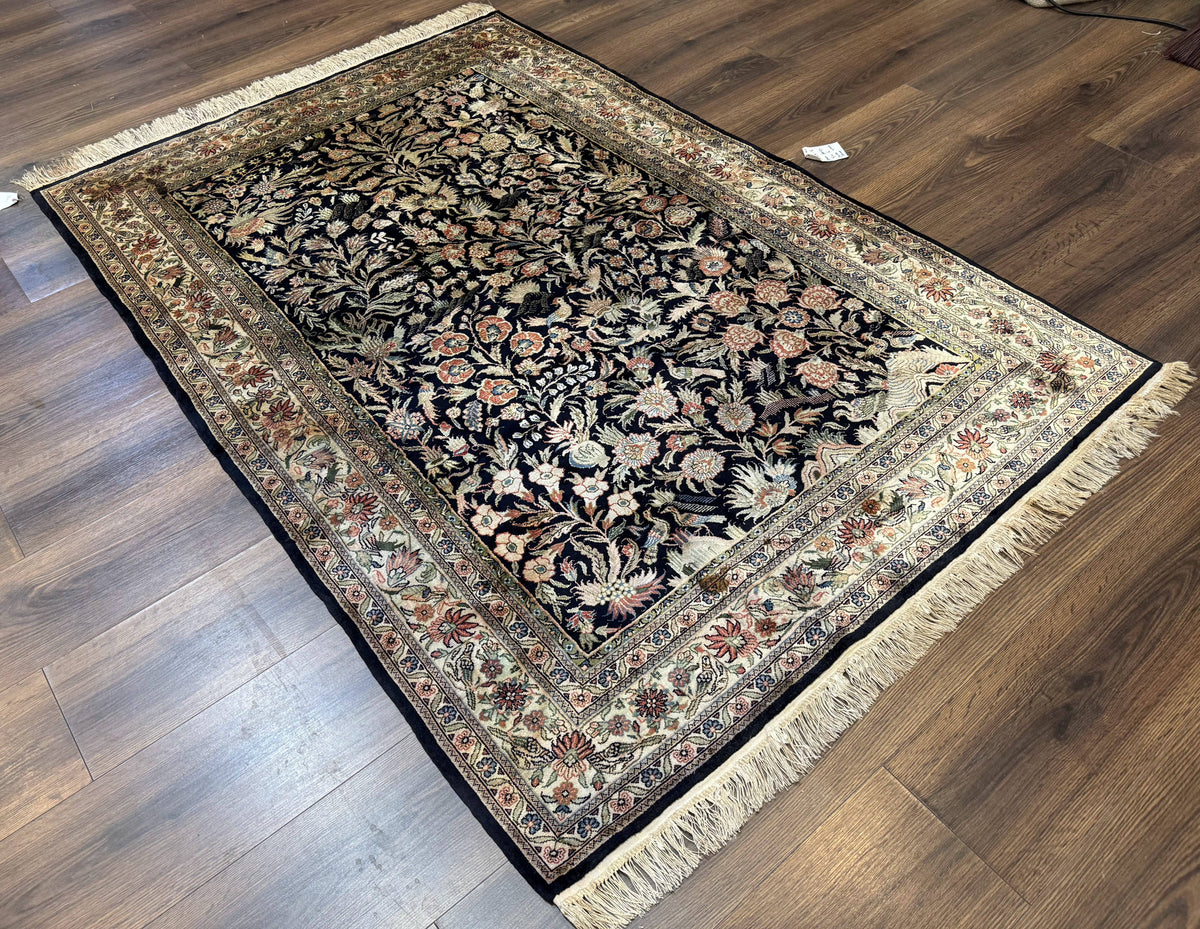 Silk Rug 4x6, Black and Cream, Floral & Bird Pictorials, Fine 330 KPSI, Sino Persian Rug - Jewel Rugs, view 13