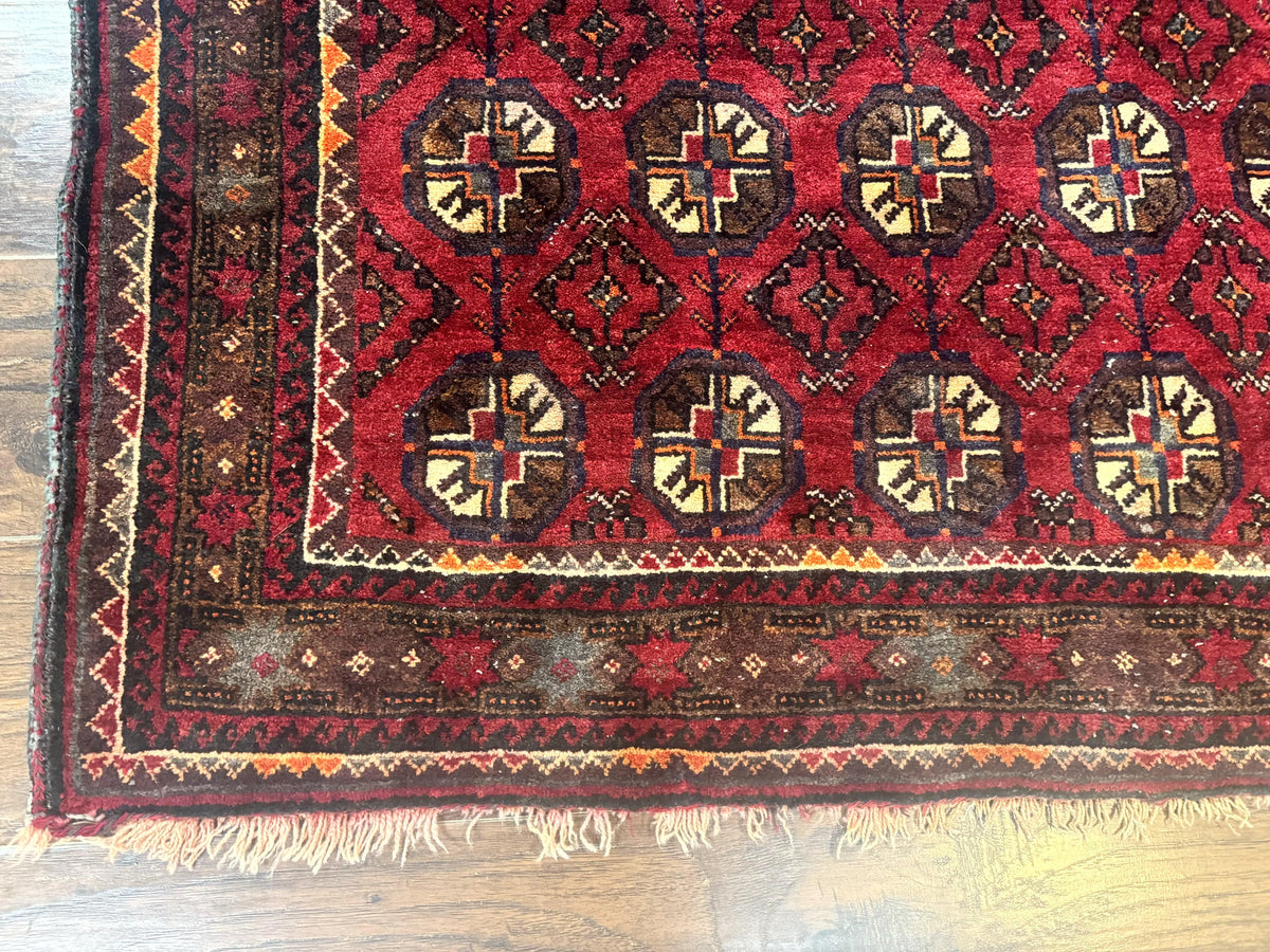 Persian Turkoman Tribal Rug 4x8, Handmade Vintage Wool Carpet, Red, Bohemian Rug - Jewel Rugs, view 9