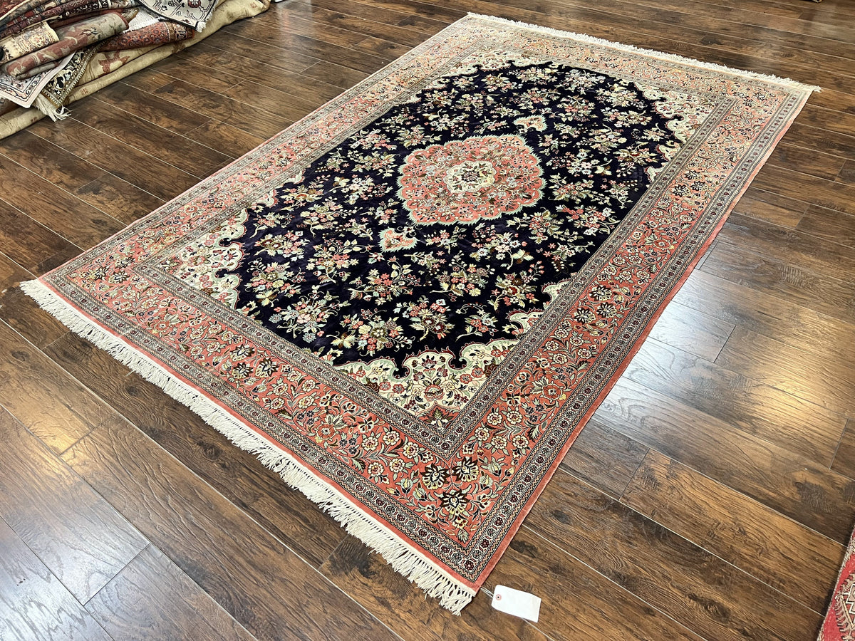 Stunning Silk Persian Qum Rug 7x9, Finely Hand Knotted Navy Blue & Salmon Floral Medallion Authentic Oriental Carpet, Vintage Handmade Silk Ghom Rug, Silk on Silk - Jewel Rugs, view 2