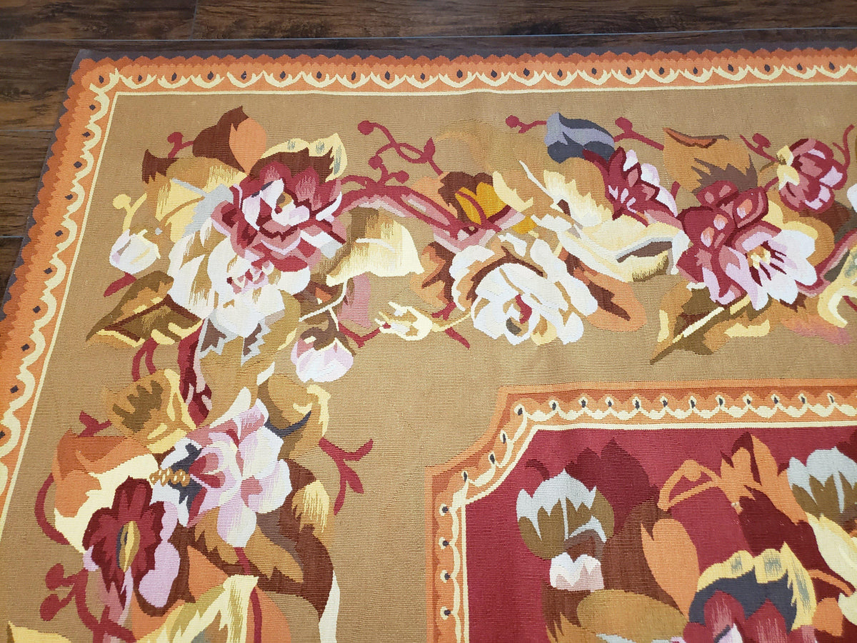 Vintage Chinese Aubusson Savonnerie Flat Pile Rug 9.9 x 14.5 Wool Handwoven Red & Khaki Large Flowers Rug 9x14 - 10x15 Michaelian Kolhberg - Jewel Rugs, view 7