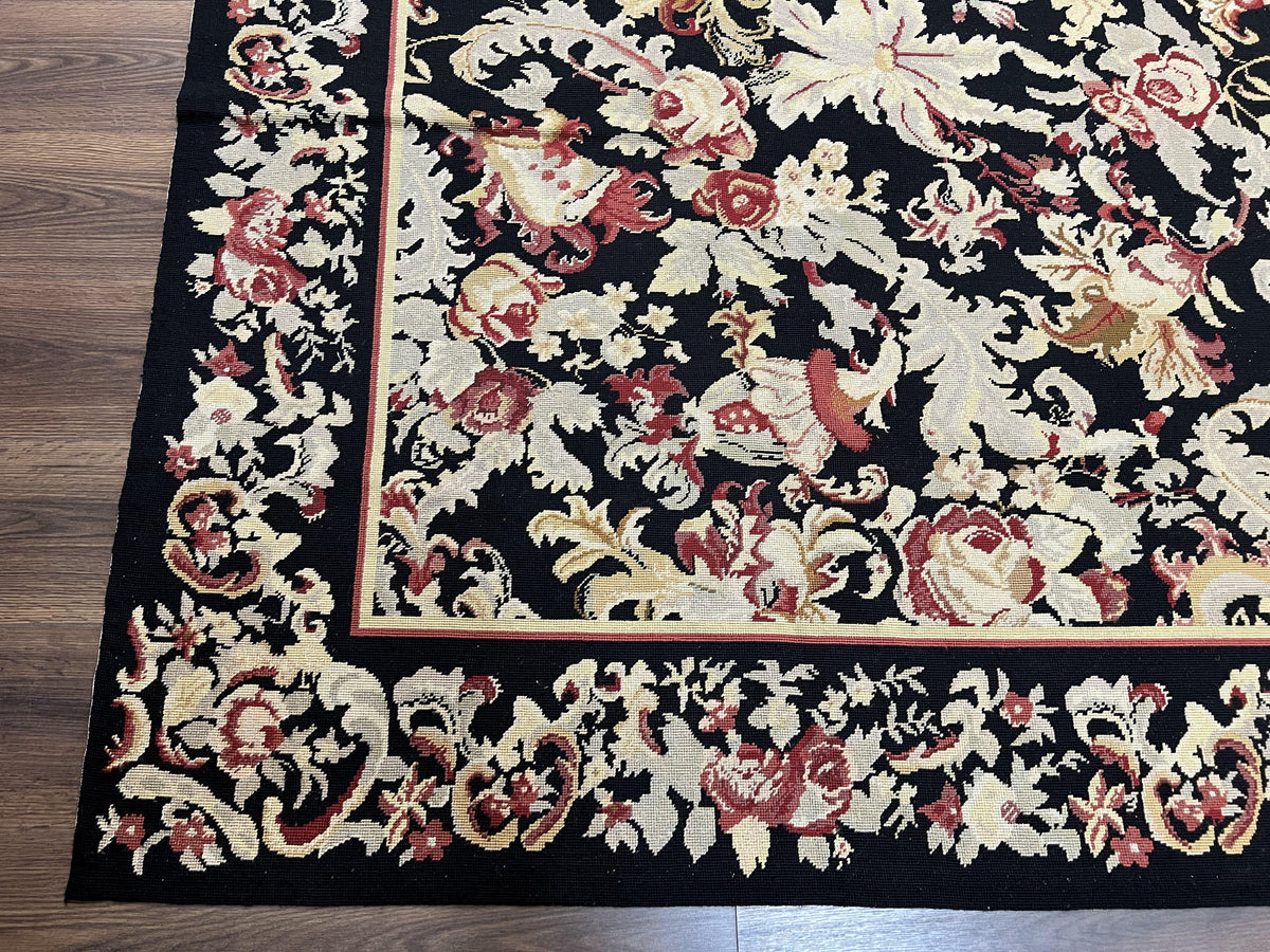Wool Needlepoint Rug 9x12, William Morris Vintage Chinese Needlepoint Carpet 9 x 12, Handwoven, Allover Floral Area Rug, Black Light Green - Jewel Rugs, view 8