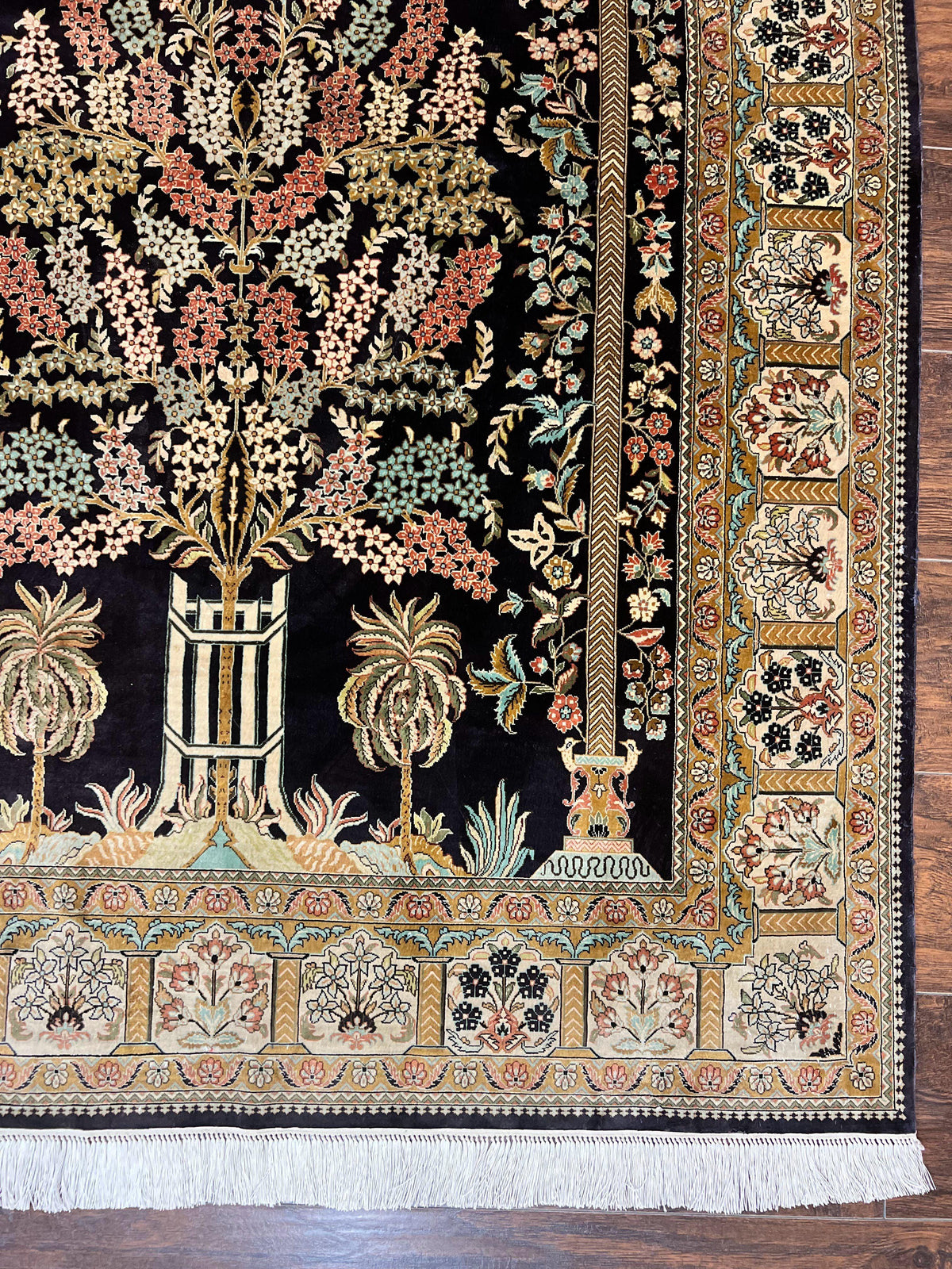 Wonderful Sino Persian Silk Rug 4x6, Tree of LIfe Design, Masterpiece 575 KPSI, Birds, Prayer Rug, Black, Silk on Silk - Jewel Rugs, view 8