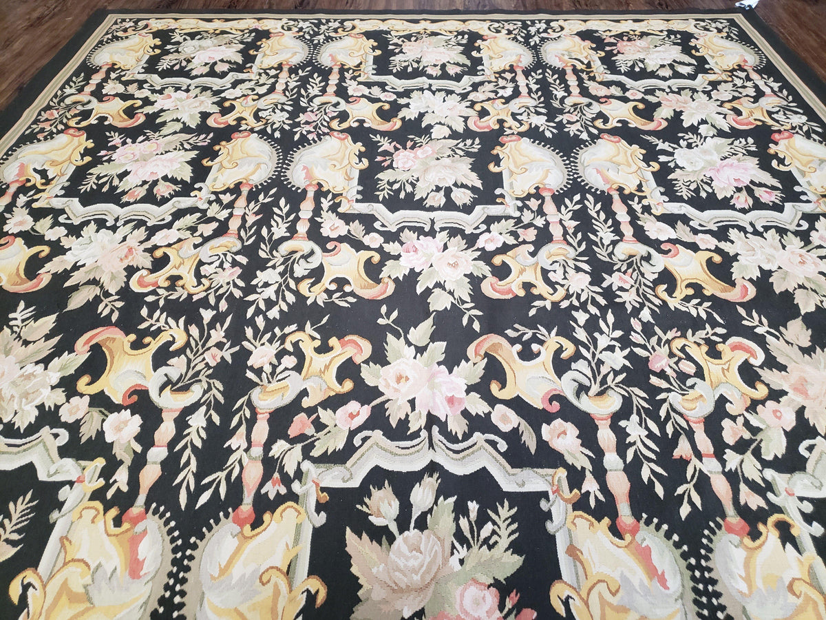 Vintage Black Aubusson Area Rug 8x10, Large Flowers Chinese Aubusson Carpet 7.9 x 10, Wool Hand-Knotted Floral Pattern Flat Weave Rug Nice - Jewel Rugs, view 4