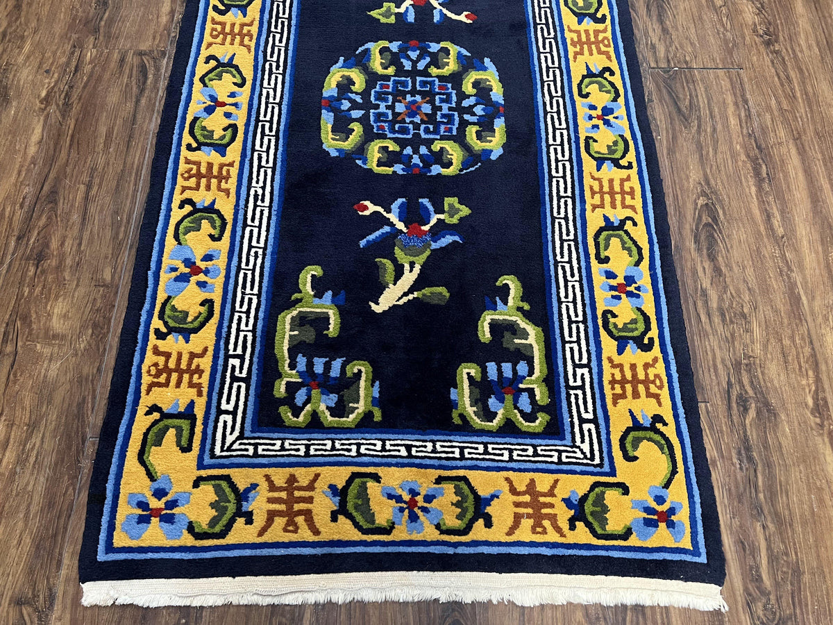Chinese Art Deco Rug 3 x 5.9, Handmade Chinese Peking Carpet, Dark Blue and Gold, Medallion, Asian Oriental 3x6 Hand Knotted Vintage Rug - Jewel Rugs, view 6