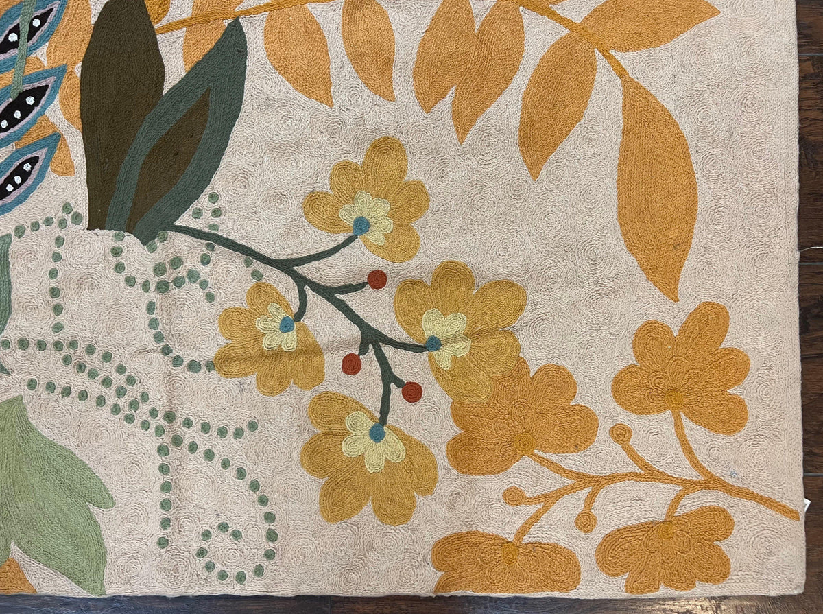 Indian Chain Stitched Rug 4x6, Hand Stitched Indian Embroidery Carpet, Large Floral Design, Contemporary, Cream and Colorful Flowers, Wool - Jewel Rugs, view 10