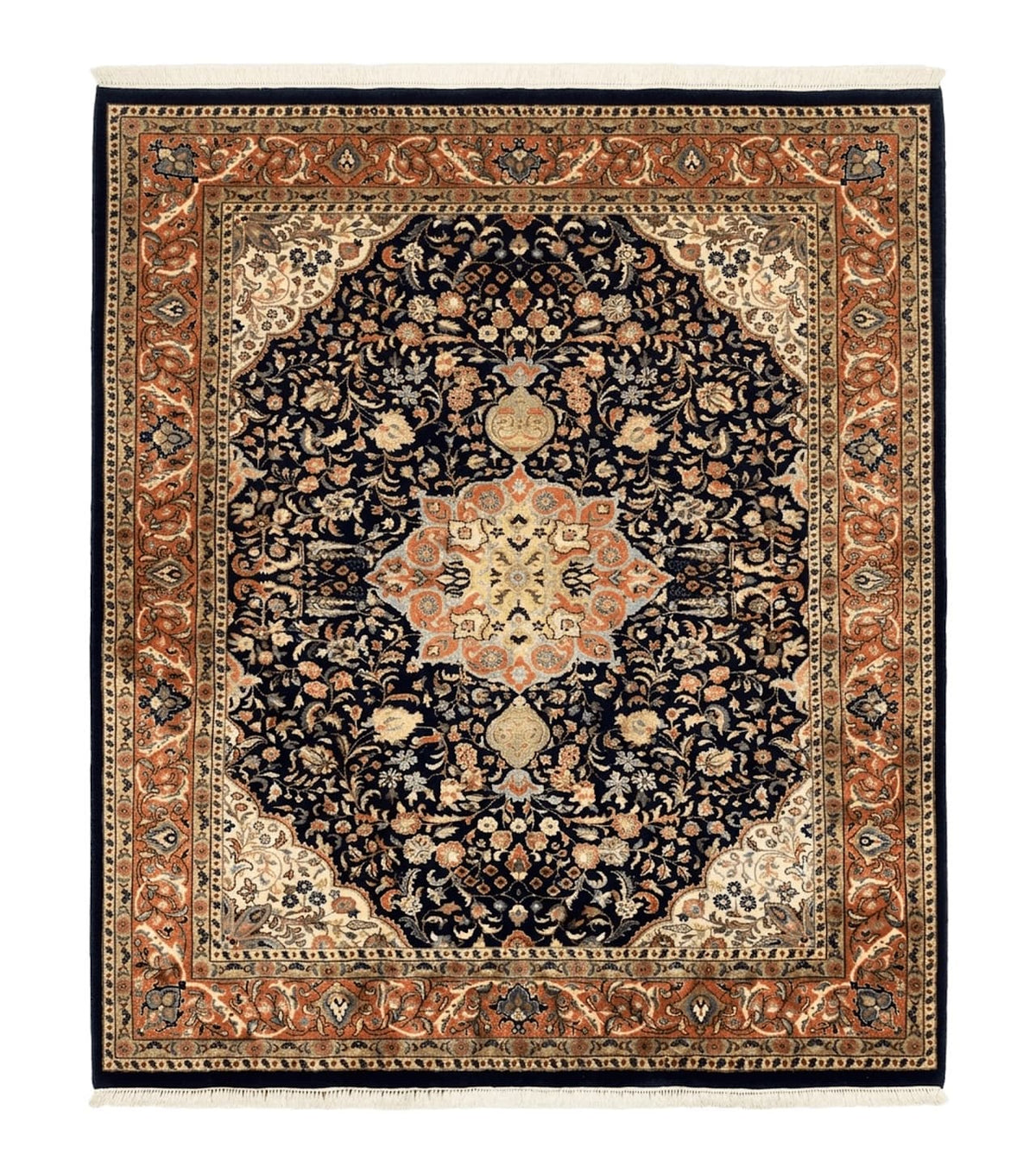 Indo Persian Rug 8x10, Midnight Blue & Red, Handmade Vintage Wool Carpet, Floral Medallion - Jewel Rugs