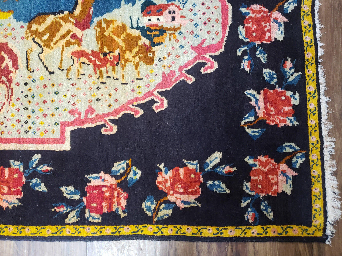 Antique Persian Pictorial Rug 4'6" x 9', Wool Hand-Knotted Blue Roses Karabagh Caucasian Carpet, 1920s Girl Deer Tapestry Wall Hanging Rug - Jewel Rugs, view 9