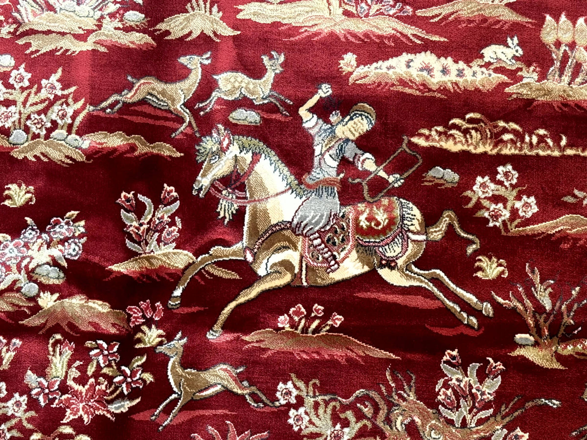 Turkish Silk Hunting Scene Rug 5 x 7.6, Red & Ivory, Bamboo Silk, New - Jewel Rugs, view 12