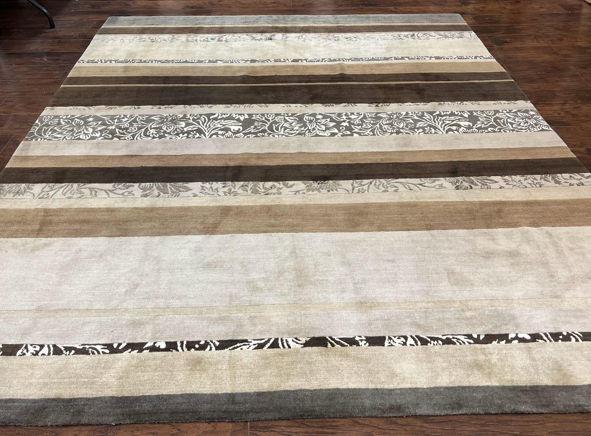 Modern Tibetan Nepali Rug 8x12, Stripe Pattern, Wool with Silk Highlights, Handmade, Beige Tan Brown - Jewel Rugs, view 2