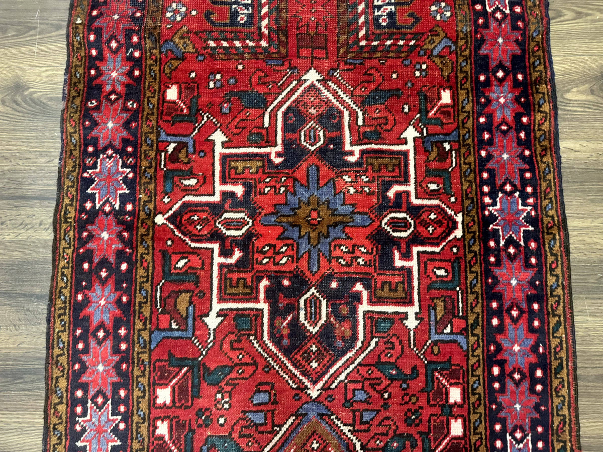 Persian Heriz Karajeh Runner Rug 3.7 x 12, Geometric Medallions, Red and Navy Blue - Jewel Rugs, view 10