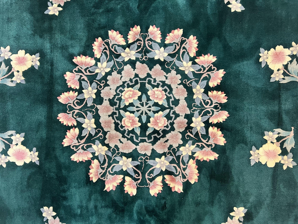 Chinese Art Deco Rug 9x12, Wool Hand Knotted Vintage Carpet, Dark Green & Cream, 90 Line Carving Rug - Jewel Rugs, view 5