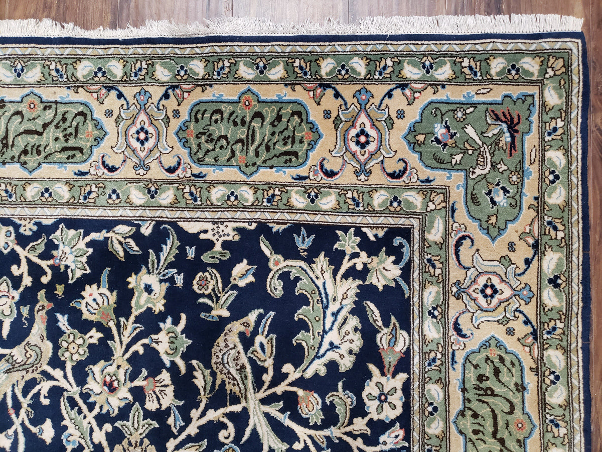 Semi Antique Persian Qum Tree of Life Rug, Hand-Knotted, Wool, Midnight Blue and Tan, Animal Pictorials, Written Poem in Borders, 4' 8" x 7' 8" - Jewel Rugs, view 7