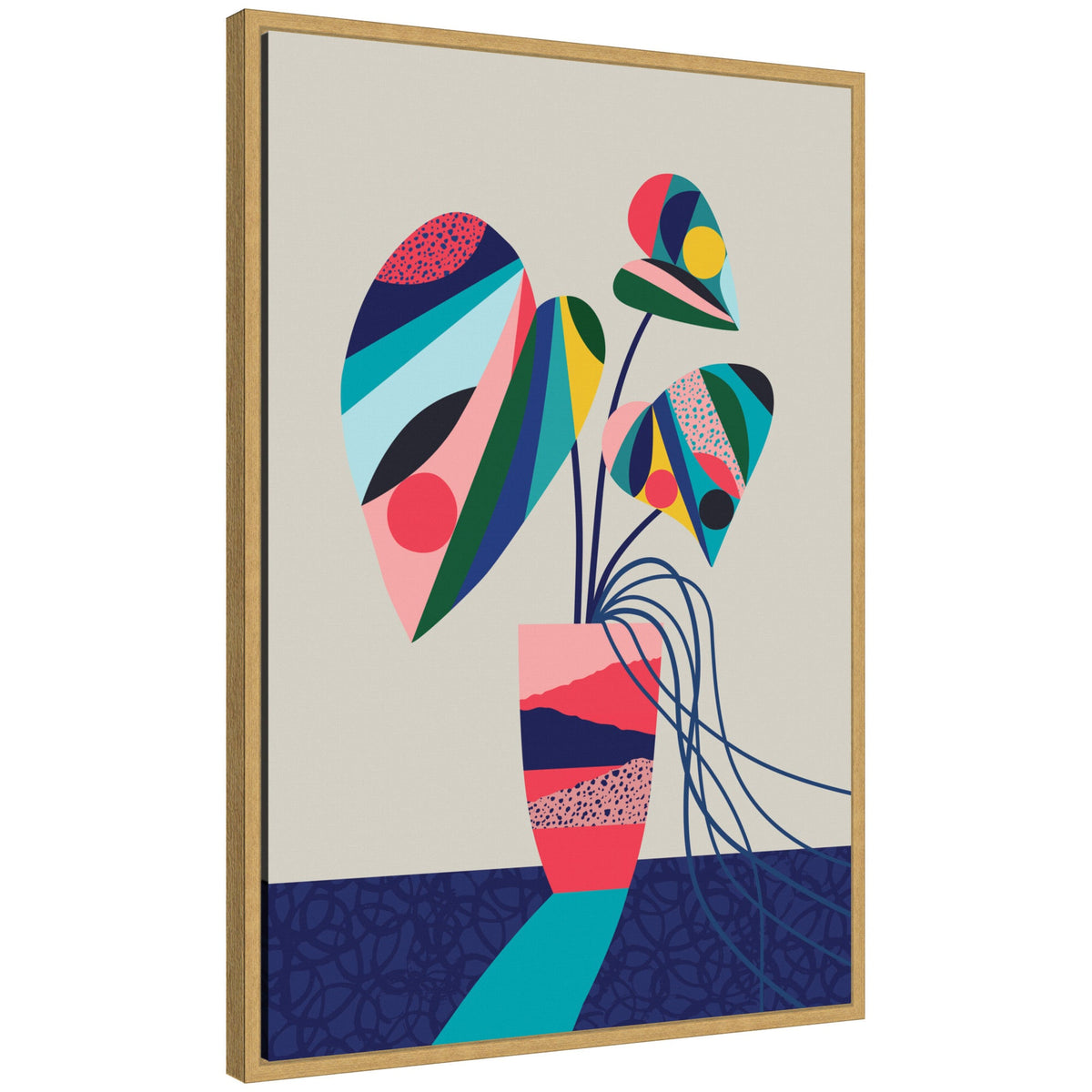 Sylvie MCM Blue and Pink Monstera Framed Canvas by Rachel Lee