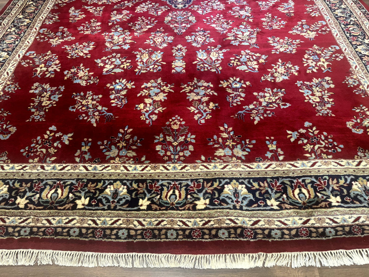 Indo Persian Sarouk Rug 10x14, Large Red and Navy Blue Carpet, Traditional Floral Wool Rug - Jewel Rugs, view 6
