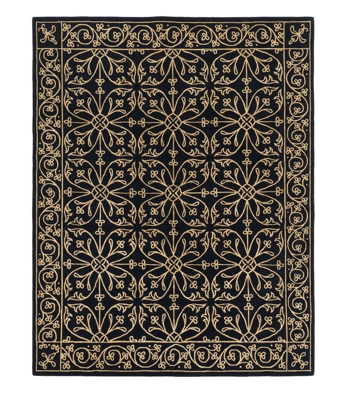 Tibetan Rug 8x10, Wool and Silk, Raised Pattern, Black and Gold, Floral - Jewel Rugs