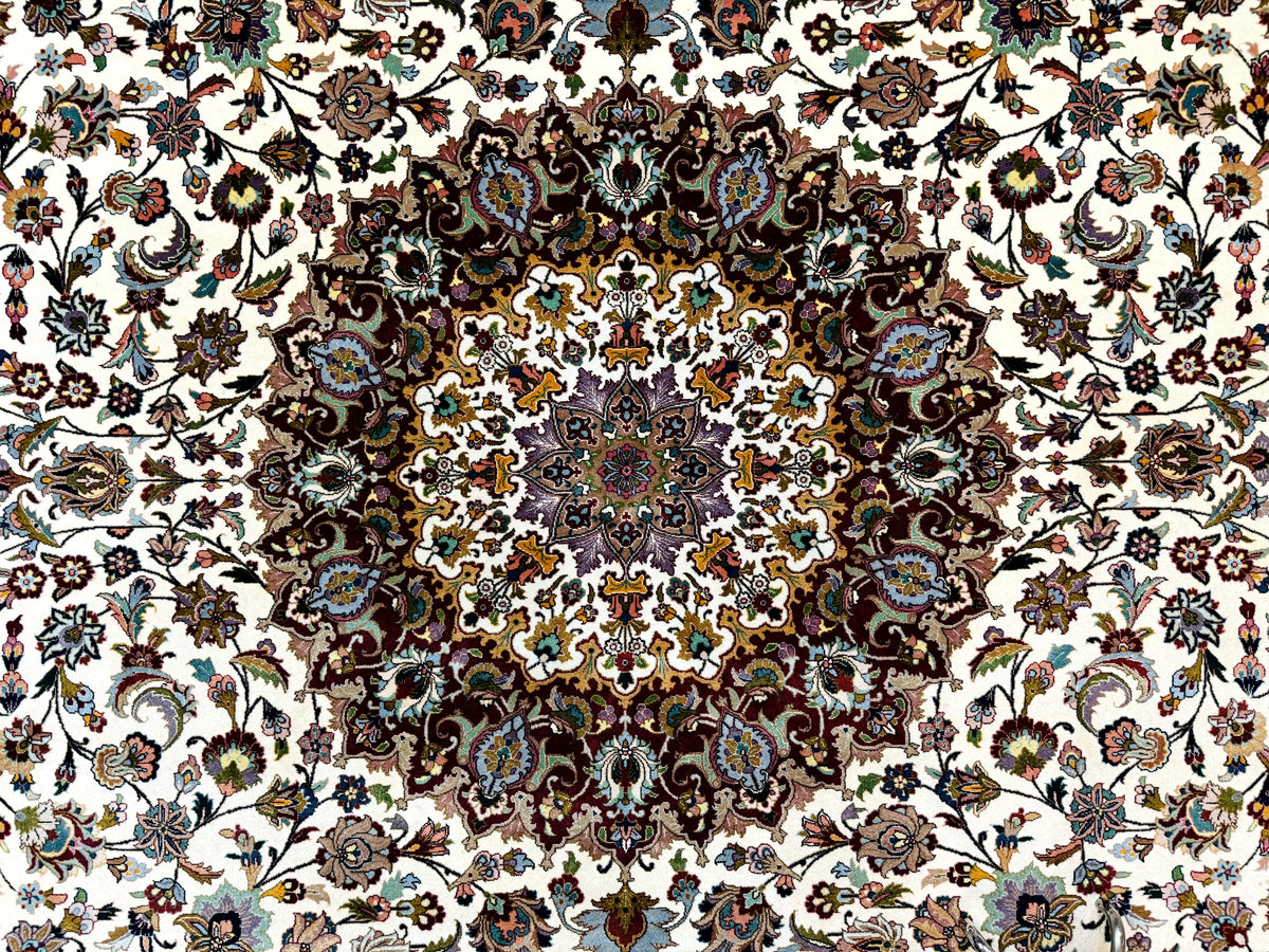 Persian Tabriz Rug 8x11, Floral Medallion Traditional Area Rug, Fine 300 KPSI, Ivory Maroon - Jewel Rugs, view 4