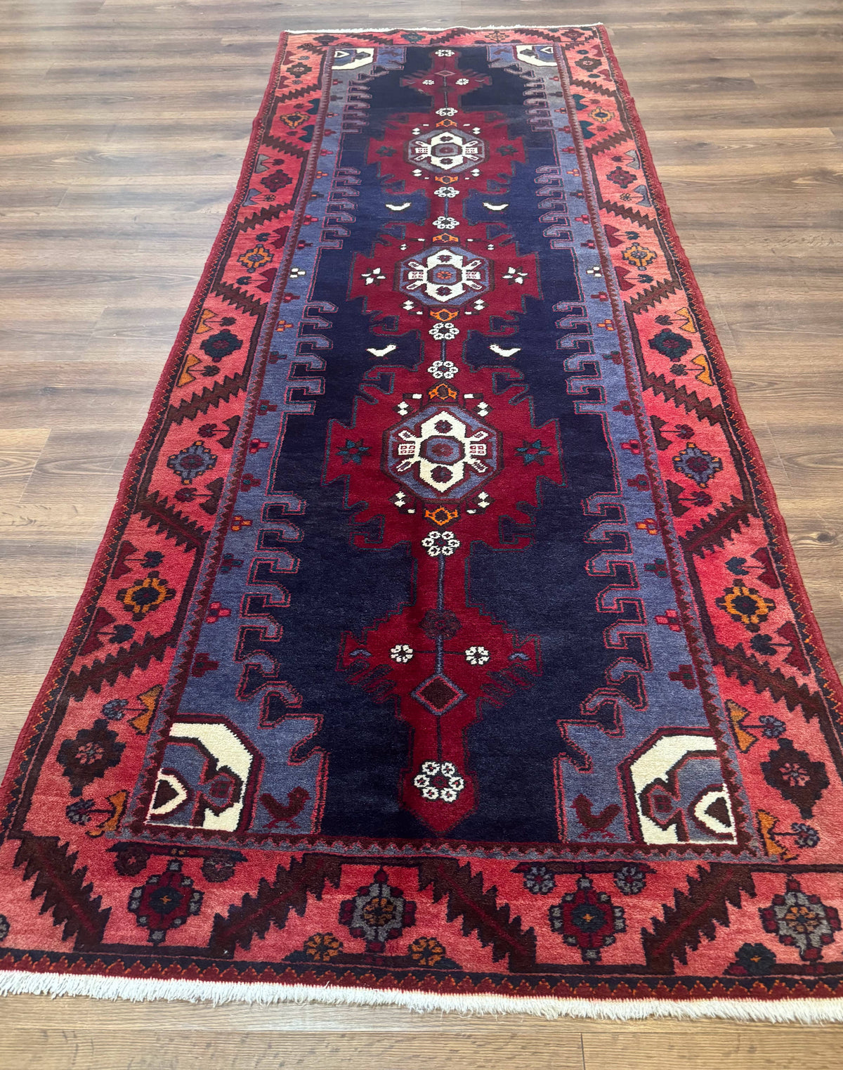 Persian Karajeh Runner Rug 3.6 x 9.5, Geometric Medallions, Tribal Village Rug, Navy Blue, Handmade - Jewel Rugs, view 2