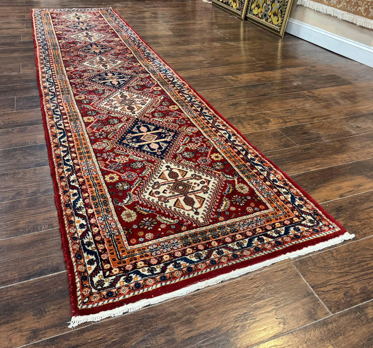Antique Persian Qashqai Runner Rug 3 x 13 ft, Tribal Runner, Geometric Medallions, Red Ivory Blue, Wool - Jewel Rugs, view 2