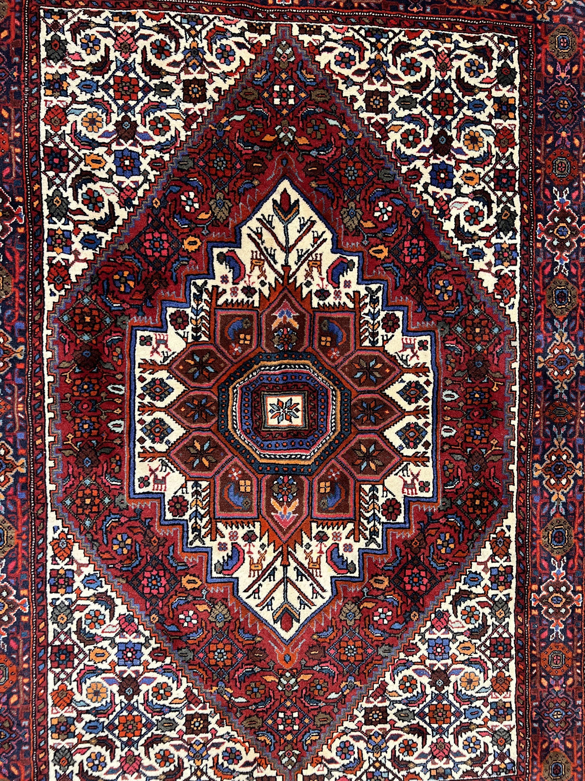 Fine Persian Bidjar Rug 3x5, Geometric Medallion Oriental Bijar Carpet 3 x 5 ft, Ruby Red and Cream, Hand Knotted Wool Rug, Semi Antique Tribal Rug, Nice - Jewel Rugs, view 12