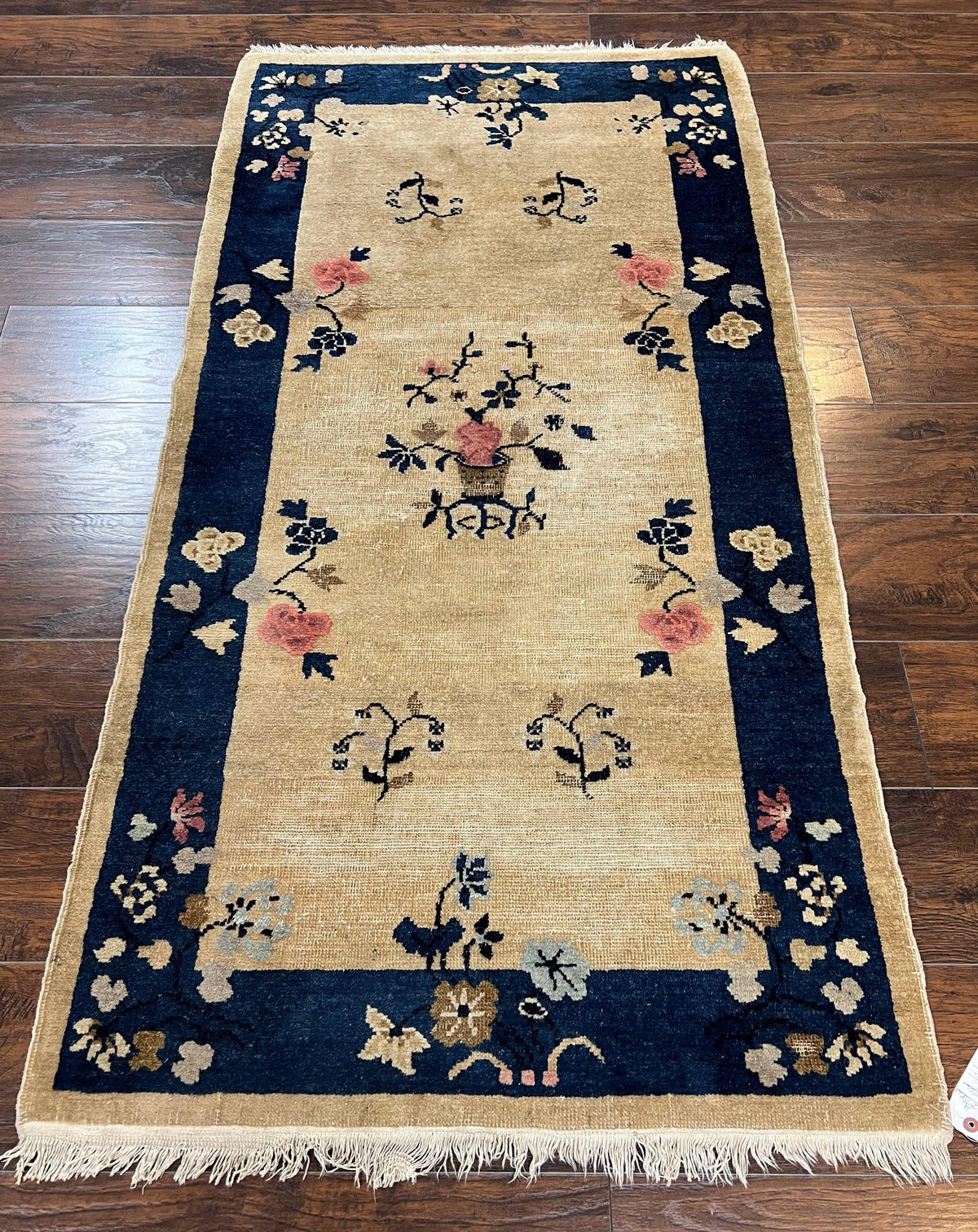 Antique Chinese Peking Rug 3x6, Beige and Dark Blue Hand Knotted Handmade Asian Oriental Carpet, Floral Vases, Vintage Wool Art Deco Rug - Jewel Rugs, view 2