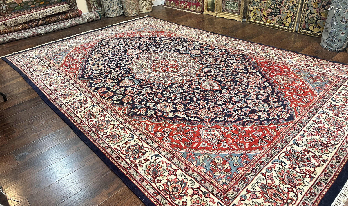 Indo Persian Rug 10x15, Floral Allover, Handmade Vintage Wool Carpet, Dark Blue Ivory Red, Palace Size Traditional Rug - Jewel Rugs, view 2