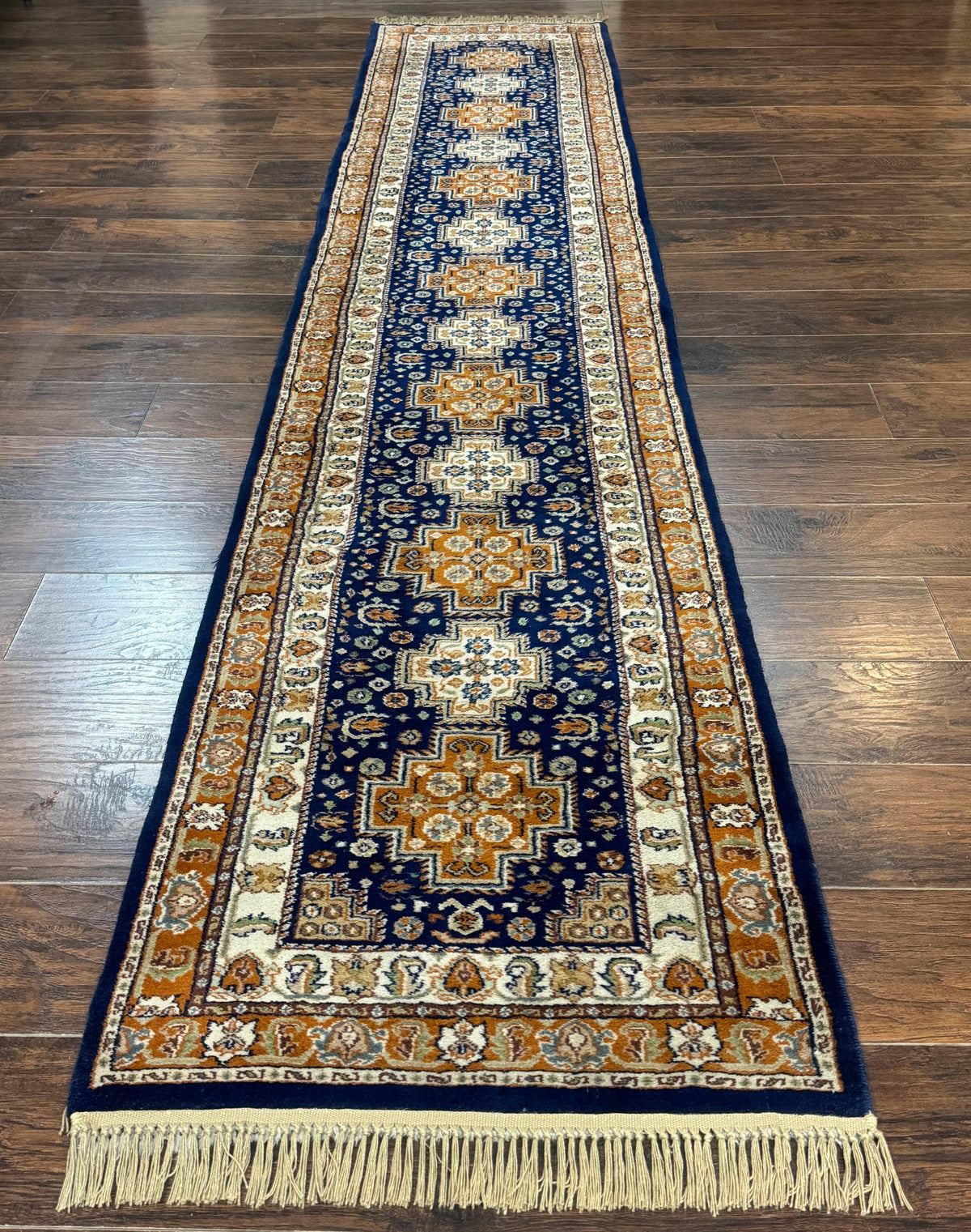 Indo Persian Runner Rug 2.6 x 12.7, Indian Kashmiri Runner for Hallway or Kitchen, Navy Blue, Geometric Medallions, Handmade Wool - Jewel Rugs
