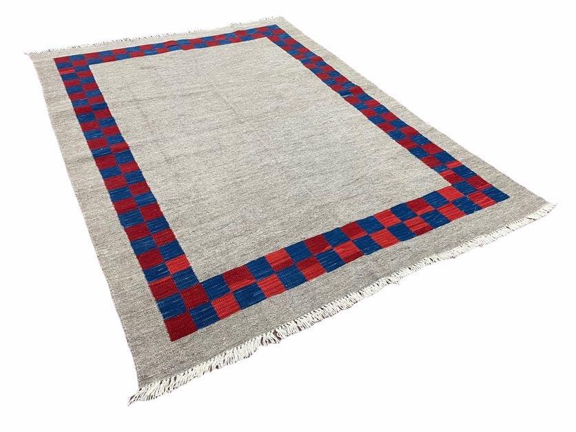 5' 7" x 7' 9" Geometric Kilim Carpet, Gray, Handmade, Hand-Knotted Area Rug, Blue & Red, Flatweave, Wool, New, Checkerboard Pattern - Jewel Rugs, view 3