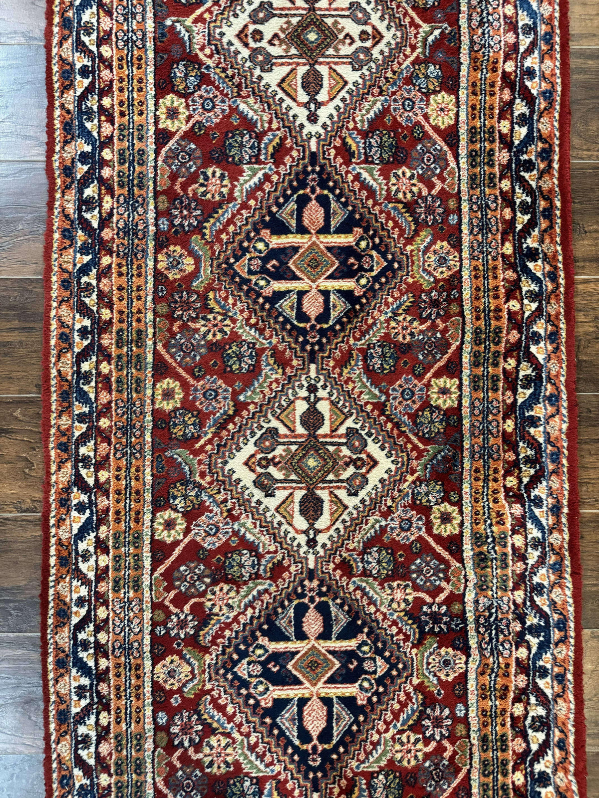 Antique Persian Qashqai Runner Rug 3 x 13 ft, Tribal Runner, Geometric Medallions, Red Ivory Blue, Wool - Jewel Rugs, view 4