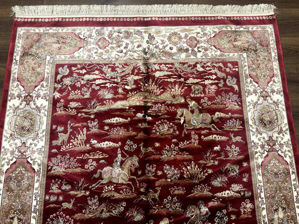Turkish Silk Hunting Scene Rug 5 x 7.6, Red & Ivory, Bamboo Silk, New - Jewel Rugs, view 3