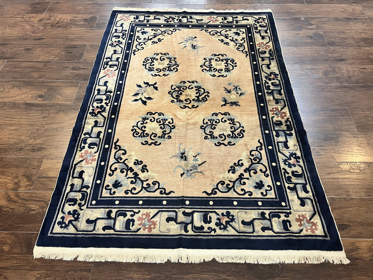 Chinese Peking Rug 4x6, Wool Hand Knotted Handmade Vintage Semi Antique Carpet, Semi Open Field, Light Peach & Navy Blue, Art Deco Rug - Jewel Rugs, view 2