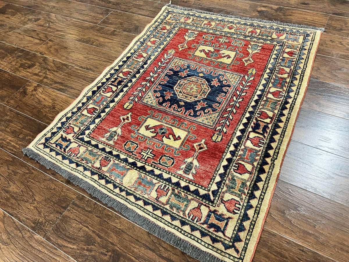 Turkish Kazak Rug 3x4, Wool Hand Knotted Small Vintage Carpet, Red Navy Blue, 3 x 4 Oriental Rug, Geometric Design - Jewel Rugs, view 3
