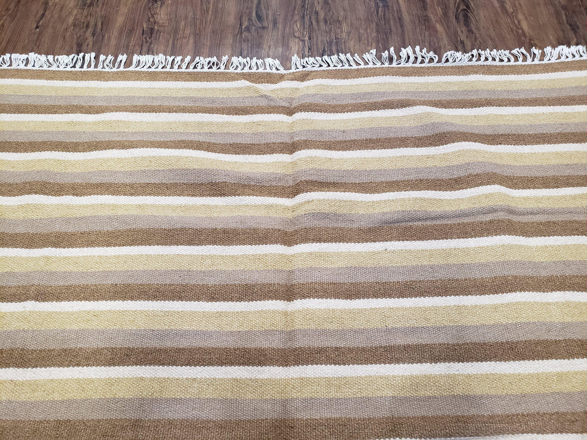 Indian Striped Blanket 6x9, Large Indo Kilim Area Rug, Earthern Tones Woolen Hand-Woven Flatweave South American Style Queen Size Bedspread - Jewel Rugs, view 4