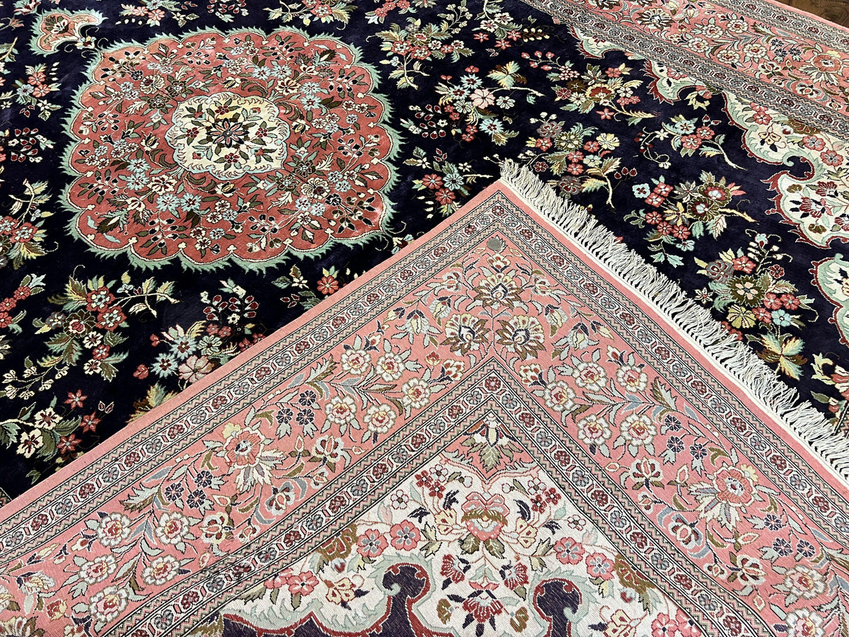 Stunning Silk Persian Qum Rug 7x9, Finely Hand Knotted Navy Blue & Salmon Floral Medallion Authentic Oriental Carpet, Vintage Handmade Silk Ghom Rug, Silk on Silk - Jewel Rugs, view 11