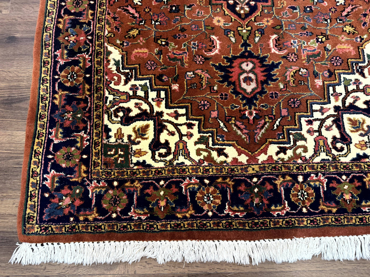 Indo Persian Heriz Rug 4x6, Rust Red Navy Blue and Cream - Jewel Rugs, view 9