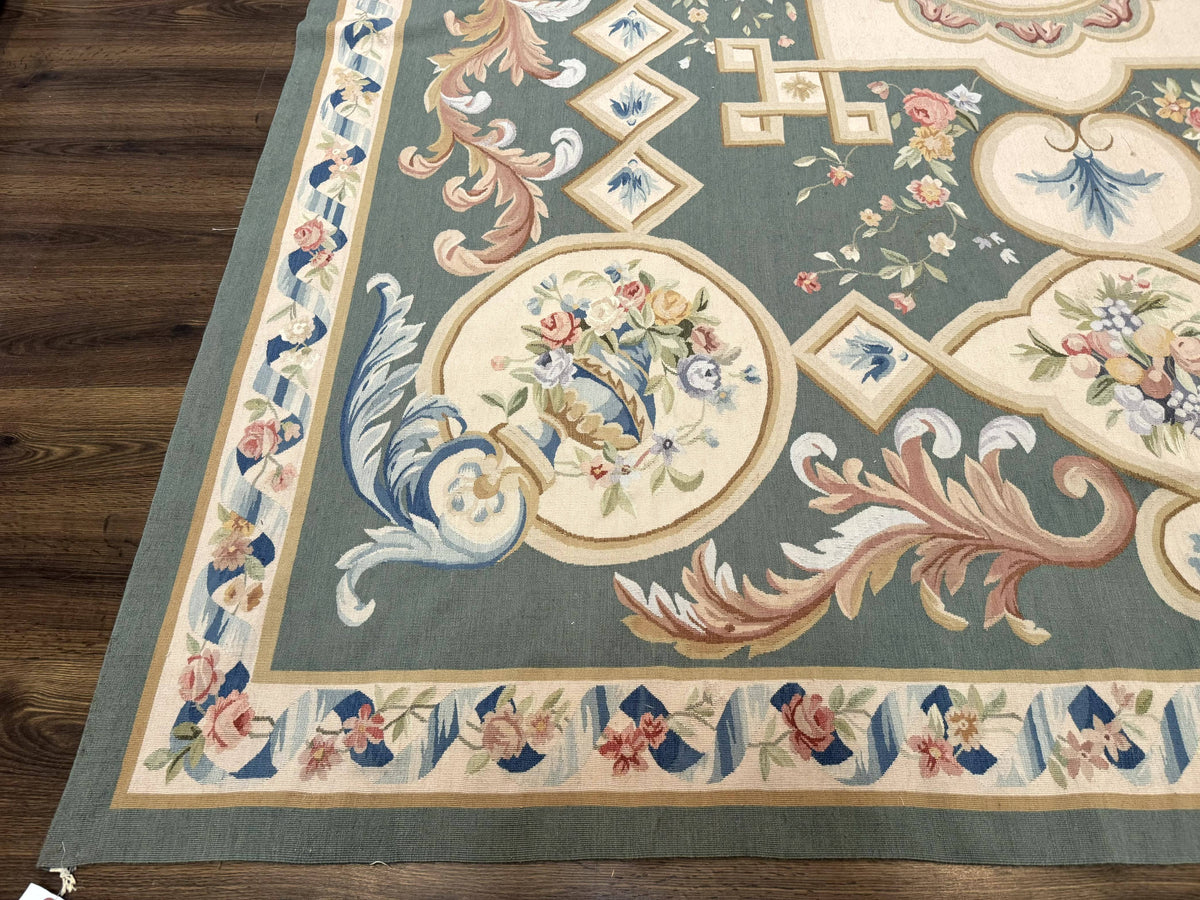 Aubusson Rug 9x12, Muted Sage Green and Cream, European Design - Jewel Rugs, view 9