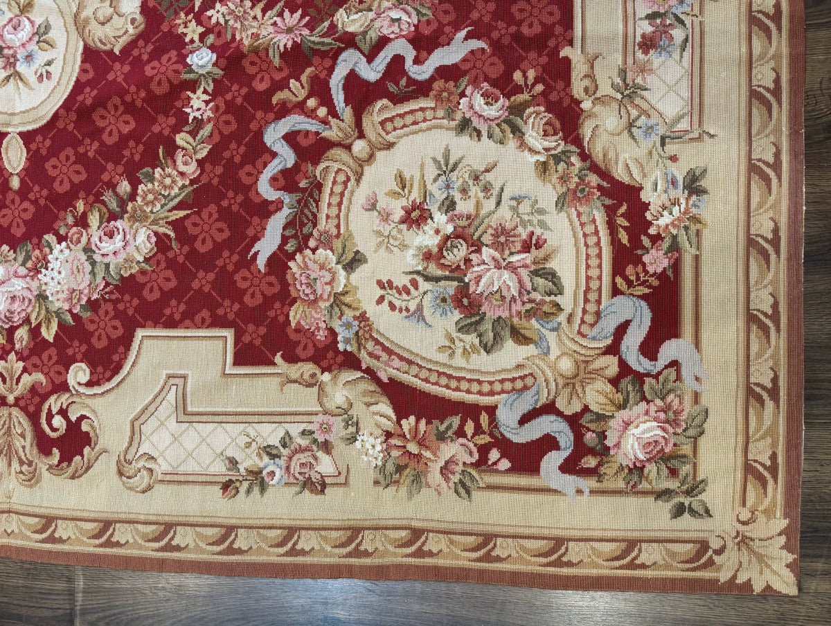 Aubusson Rug 8x11, Needlepoint Carpet, Red Ivory Beige, Vintage, French European Design - Jewel Rugs, view 10
