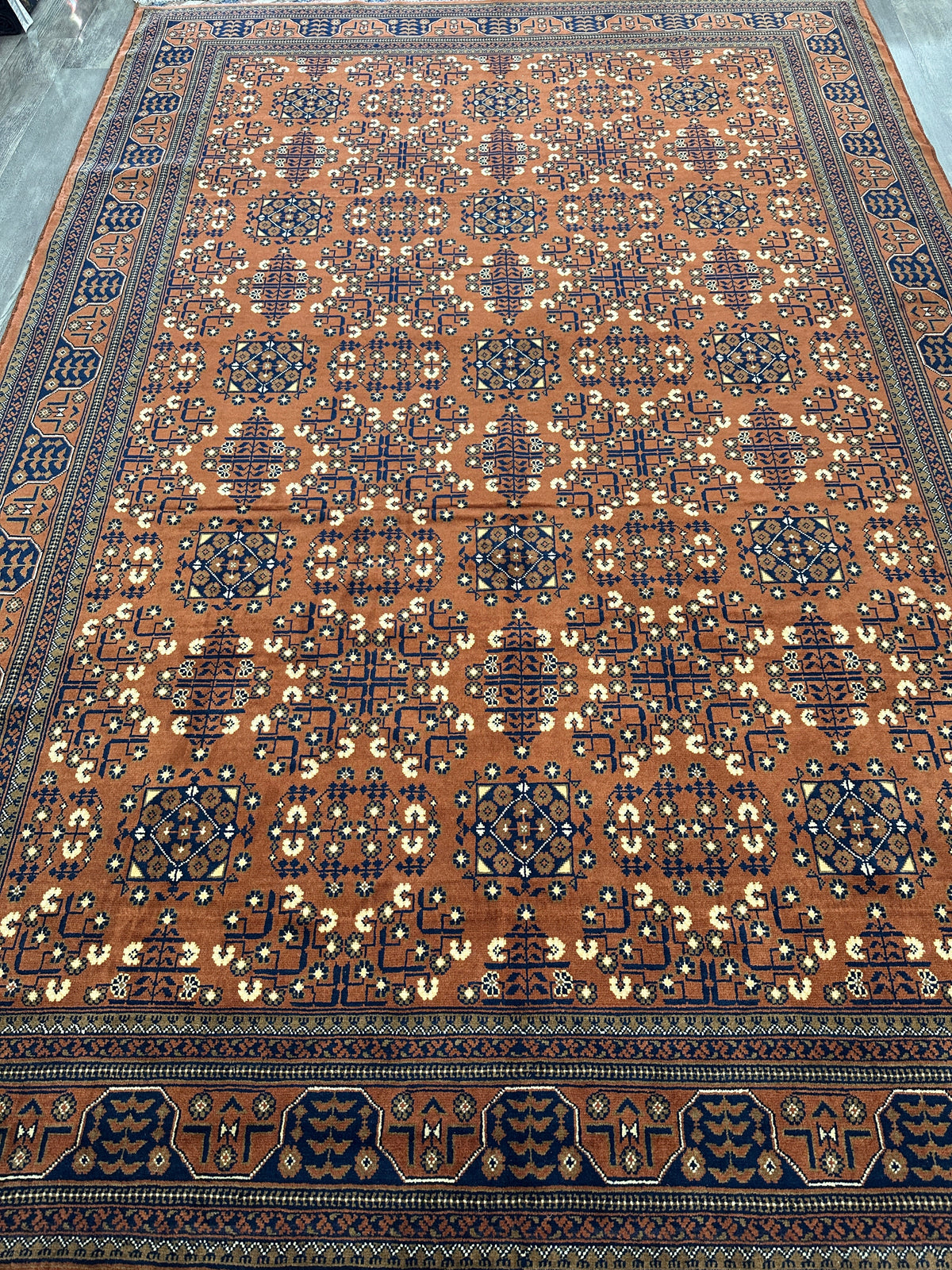Afghan Turkmen Rug 7x10 | Orange, Navy & Ivory | Hand-Knotted Wool - Rugistan, view 6