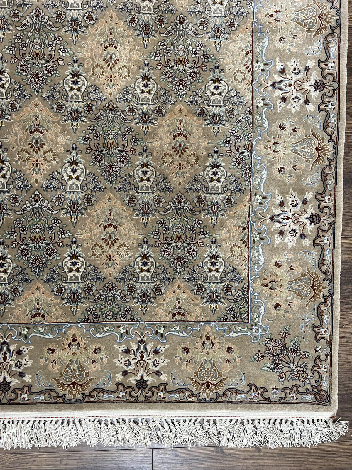 Super Fine Persian Isfahan Rug 3x5 ft, Kork Wool on Silk Foundation, Repeated Floral Motif, Taupe Tan Hand Knotted Oriental Carpet 3 x 5 ft, Signed - Jewel Rugs, view 8