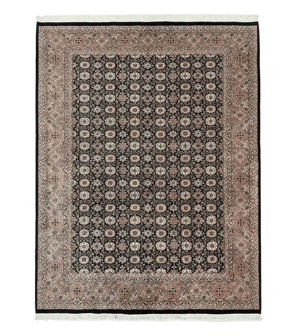 Indo Persian Rug 9x12, Vintage Handmade Wool Carpet, Repeated Allover Motif, Navy Blue and Pink - Jewel Rugs