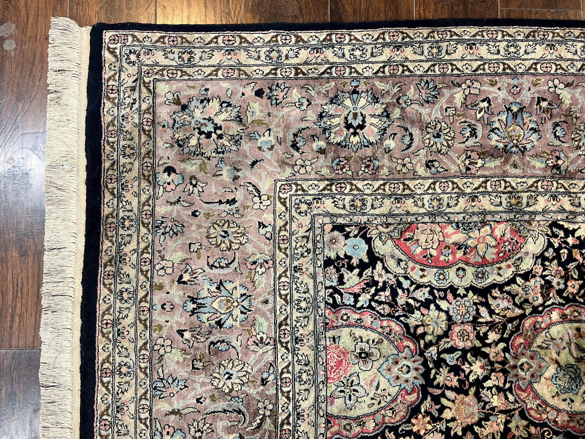 Sino Persian Rug 9x12, Navy Blue and Pink Hand Knotted Wool and Silk Highlights Vintage Oriental Carpet, Handmade Floral Area Rug 9 x 12 ft - Jewel Rugs, view 6