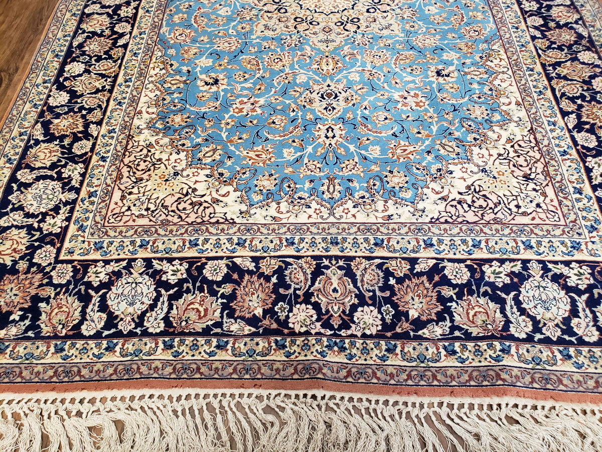 Persian Isfahan Rug, Kork Wool on Silk Foundation, Sky Blue, Hand-Knotted, 5' 1" x 7' 8" - Jewel Rugs, view 4